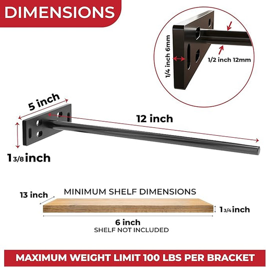 Set of 4 Floating Shelf Brackets Heavy Duty (1/4 inch Thick Baseplate) Painted Black Mild Steel/ Bracket for Hidden Wall Shelves Support Hardware Mount Kitchen/Nursery Decor (12 inch Rods)
