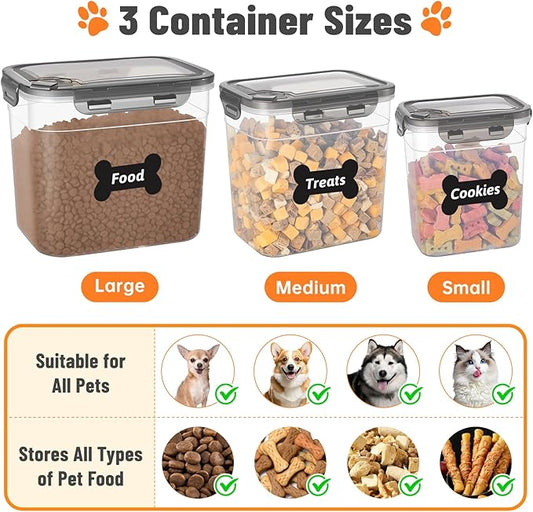 ZooZoo 3PCS Transparent Dog Treat Container Set with Airtight Lids, BPA-Free Plastic Storage Bins for Pet Food & Treats, Stackable Large Medium Small Sizes, Includes Scoops, Labels, Tongs and Marker