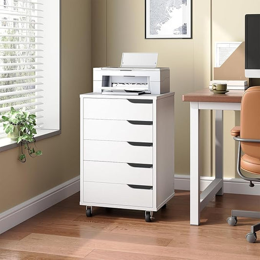 HOOBRO 5-Drawer File Cabinet, Under Desk Mobile Filing Cabinet with Wheels, Rolling Office Storage Cabinet, Wooden Printer Stand, for Home Office, Living Room, White WT15WJ01