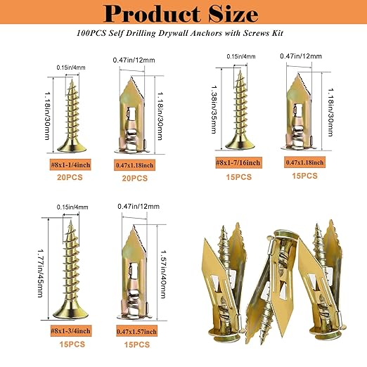 100 PCS Self Drilling Drywall Anchors with Screws Kit - 2 Sizes Sheetrock Anchors & 3 Sizes Zinc Expansion Screws,2025 Upgraded Zinc Plated Steel,No Drill Needed, Holds Up to 66LB on Walls