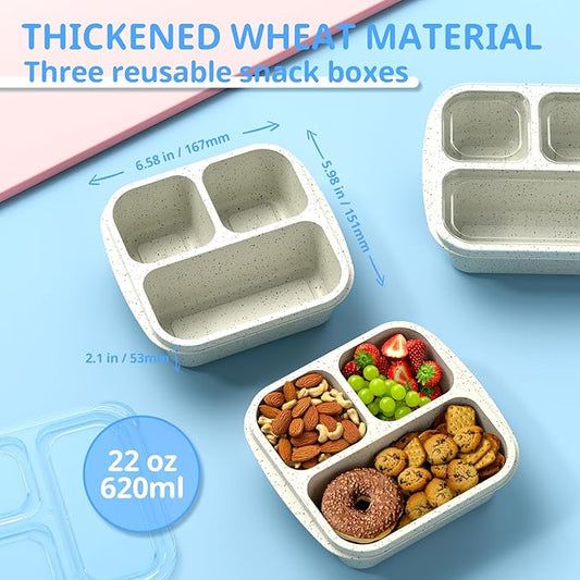 Snack Boxes (3 Pack) - Stackable Bento Boxes with 3 Compartments, Meal Prep Containers Reusable, Lightweight Lunch Containers for Kids and Adults, BPA Free (Off White)