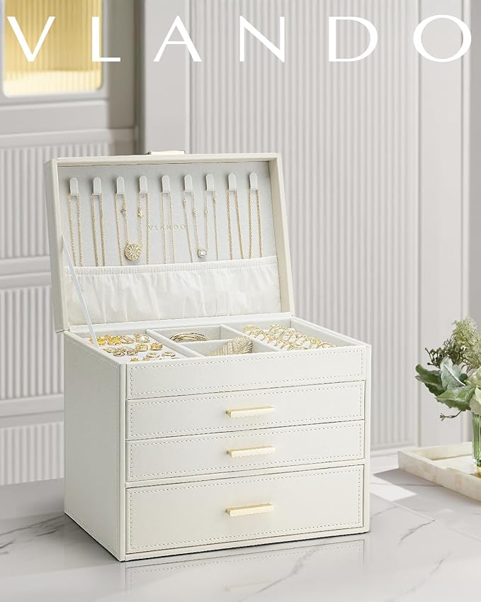 Vlando 4 Layer Large Jewelry Box - Jewelry Holder Organizer, Jewelry Box Organizer for Drawer Necklace Ring Bracelet and Watch, Birthday Gift for Loved Ones - Beige