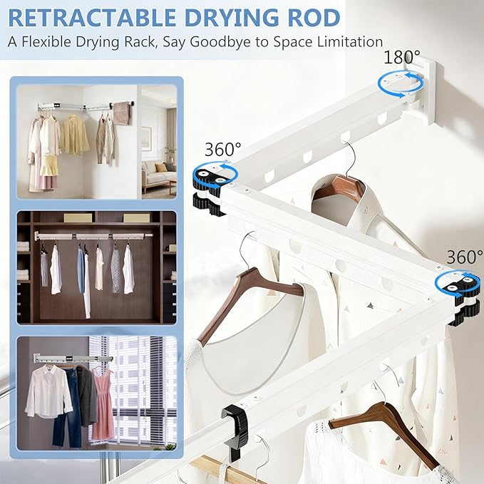 Clothes Drying Rack, Upgrade 3-Fold Wall Mounted Drying Rack Clothing, Laundry Space Saver Retractable Collapsible for Indoor Outdoor Balcony,Laundry,Bathroom, White
