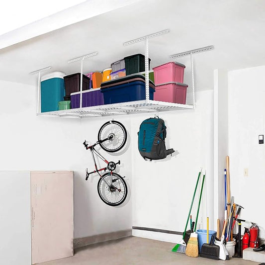 3ftx8ft Overhead Garage Storage Rack, Heavy-Duty Metal Garage Ceiling Storage Rack, 22''-40" Adjustable Ceiling Drop-Down, 600 lb. Loading Weight Capacity, White