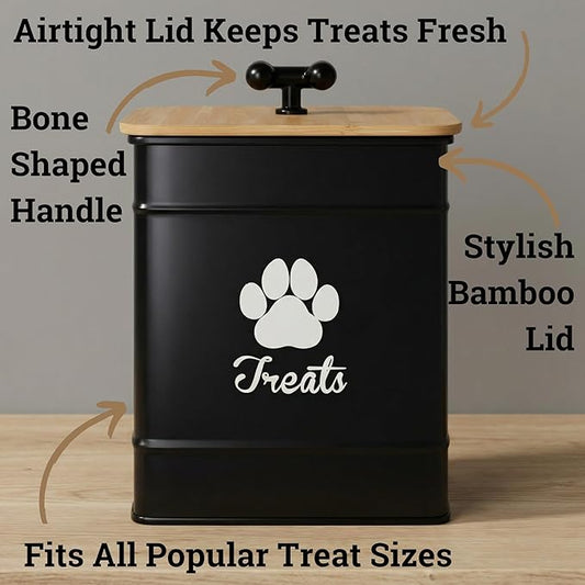 Dog Treat Container Airtight - 6 Inch Wide x 8 Inch Tall Iron Dog Treat Jar for Kitchen Counter with Airtight Bamboo Lid - 12 Cup Capacity Pet Treat Container - Doggie Cookie Jar - Big Treats Canister