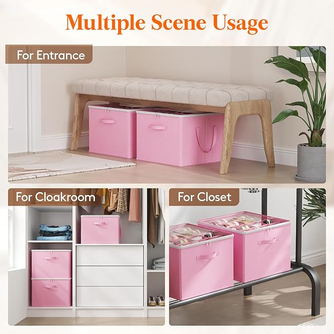 Lifewit Shoe Storage Organizer for Closet, Fabric Large Shoe Box Storage Containers with Clear Cover, Foldable Bins for Boots Heels Sneakers Fits 36-48 Pairs (Each 12-16 Pairs) 3 Pack Pink
