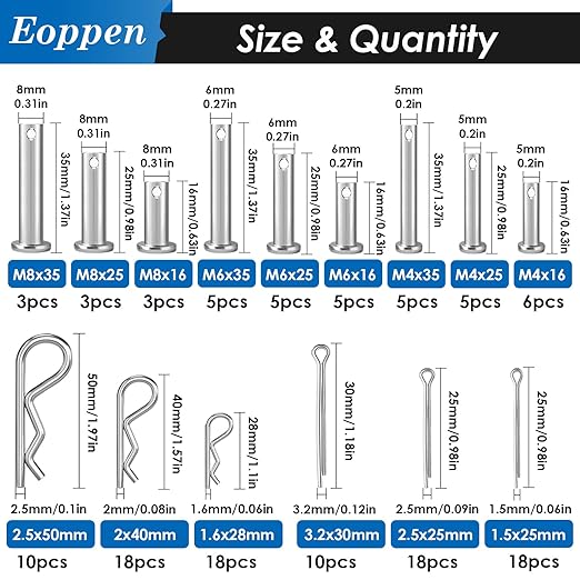 132Pcs Clevis Pin Cotter Pin Hair Pin Assortment Kit - 304 Stainless Steel 15 Sizes Cotter Pin & R Clips Pin Zinc-Plated Single Hole Flat Head Clevis Pins