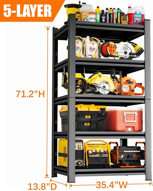 71"H Heavy Duty Metal Garage Shelving Unit, 5-Tier Garage Storage Shelves, 3000 lbs Capacity, Adjustable Tall Steel Shelf Rack Organizer for Basement Pantry Kitchen Warehouse, 35"W x 14"D, Black