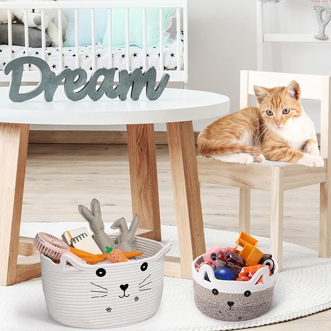 Zopeal Cat Basket Storage Woven Organizer with Ears Easter Decorative Gift Pet Toy Cute Cotton Rope Basket for Gift Cat Dog Toy Bin Nursery Room(8.3 x 4.7 Inch,Gradient Khaki)