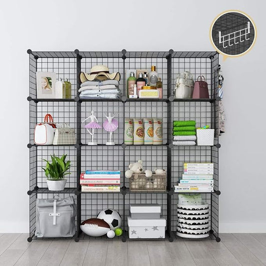 YOZO Wire Cube Storage Metal Closet Wardrobe Room Organizaion armoire Pantry Cabinet Book Shelf Organizer Rack MultiFuncation Cubby Shelving Unit, 16 Cubes, Black