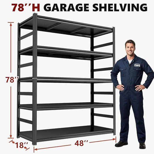 48" W Garage Shelving Heavy Duty Metal Shelves 5 Tier Adjustable Shelf Unit 3000 lbs Capacity Storage Stand Organizer for Warehouse and Basement,Black,78" H
