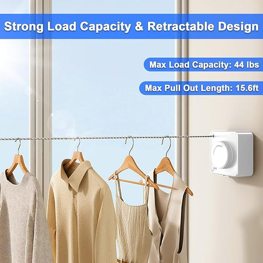 Retractable Clothesline Indoor, Non-Sagging Outdoor Clothes Drying Line Retracting Heavy Duty Clothes Drying Laundry Line Wall Mounted Stainless Steel Line - 15.6 Feet (1, White)