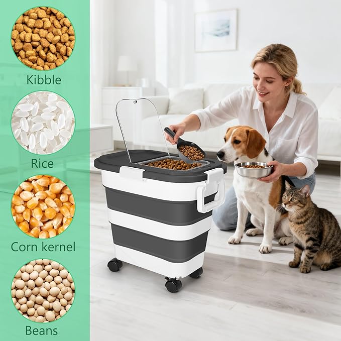 ShineMe Dog Food Storage Container, 30 Lbs Collapsible Food Storage Containers with Rolling Wheel Airtight Locking Lid, Cat Foods Bin with Cup and Scoop, Suitable for Pet Snack, Rice, Flour (Black)