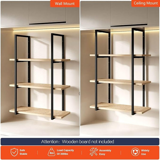 3-Tier Square Shelf Bracket, 39-1/4" Height, Wall/Ceiling Mount Storage Shelving, Black Powder-Coated Carbon Steel Carbon Steel, Rust-Resistant, 110 lbs Capacity, 2 Pack