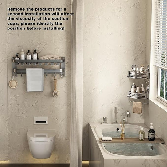 VOLPONE Corner Shower Caddy Suction Cup Shower Shelf Corner No Drilling Bathroom Shower Organizer Storage Rack Adhesive with Towel Bar Hooks (2-Pack, Matte Gray)