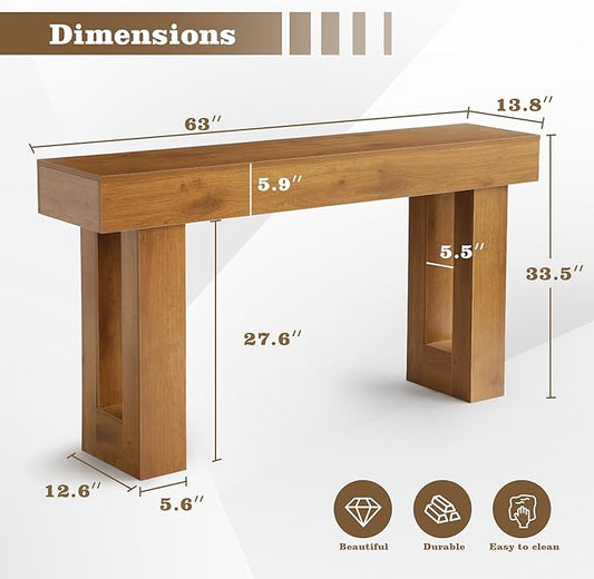 Depeht 63" Long Entryway Console Table, Wooden Farmhouse Sofa Behind Couch Table with Thickened Base, Large Industrial Hallway Accent Furniture for Living Room, Entrance, Foyer, Hallway (Natural)