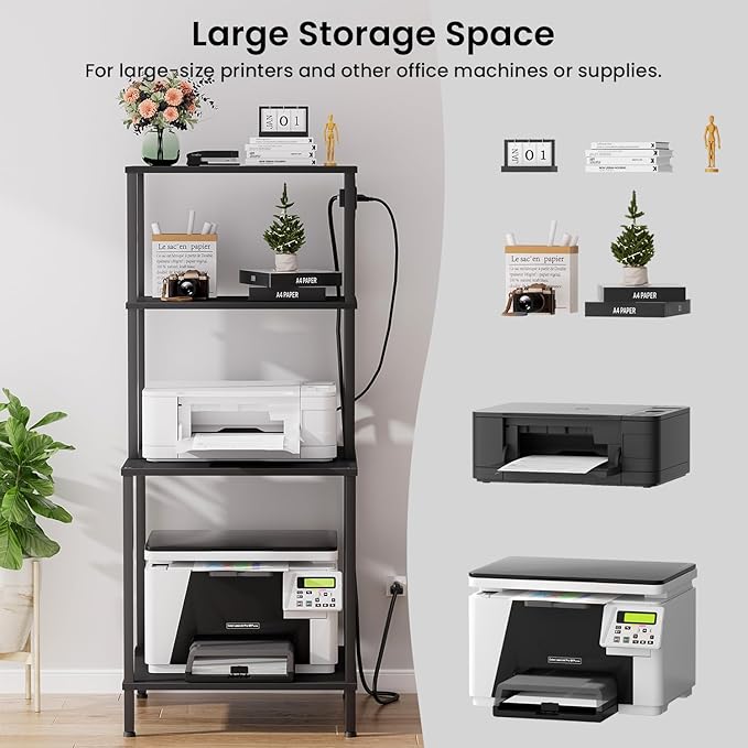 Printer Stand with Charging Station, 49"Tall 4-Tier Printer Stand with Storage, Large Printer Table for Home Office, Kitchen, Living Room, PrinterCart Beside Desk for Printer, Scanner (Black )