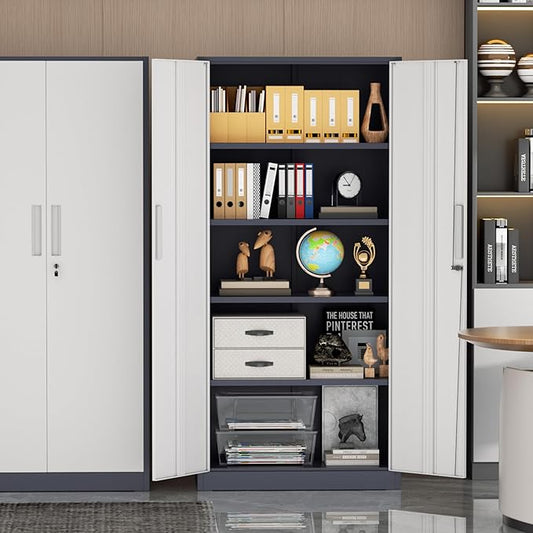 72” Metal Storage Cabinet, Lockable File Cabinets with 2 Doors and 4 Adjustable Shelves, Steel Tool Cabinets with Lock for Office, Home, Gym, Grey White-Small
