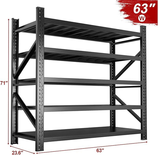 8000LBS Garage Storage Shelves, 5 Tier Adjustable Industrial Garage Shelving, Heavy Duty 63" W x 24" D x 71" H Metal Shelving Unit, Utility Rack Shelf for Storage, Warehouse, Pantry