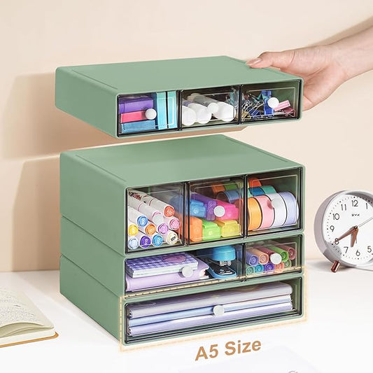 Desk Storage Organizer with 9 Drawers, 4 Tiers Stackable Desktop Craft Storage Drawers, Clear Storage Box Caddy for Stationary Makeup Jewelry Office Craft Supplies (Green)