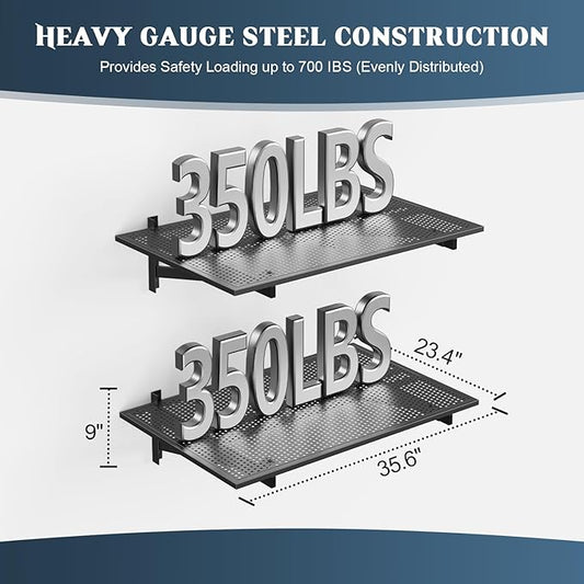 2 Pack Heavy Duty Garage Wall Shelving (2x3ft), 700lbs Capacity Garage Shelving Wall Mounted, 24"x72"Garage Storage Rack Floating Shelves, Black