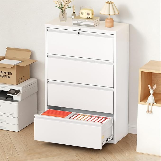 Bonusall File Cabinet, Lateral Filing Cabinet, 4 Drawer Metal File Cabinet with Lock, Lockable Filing Cabinet for Home Office, Hanging Files Letter/Legal/A4/F4 - White