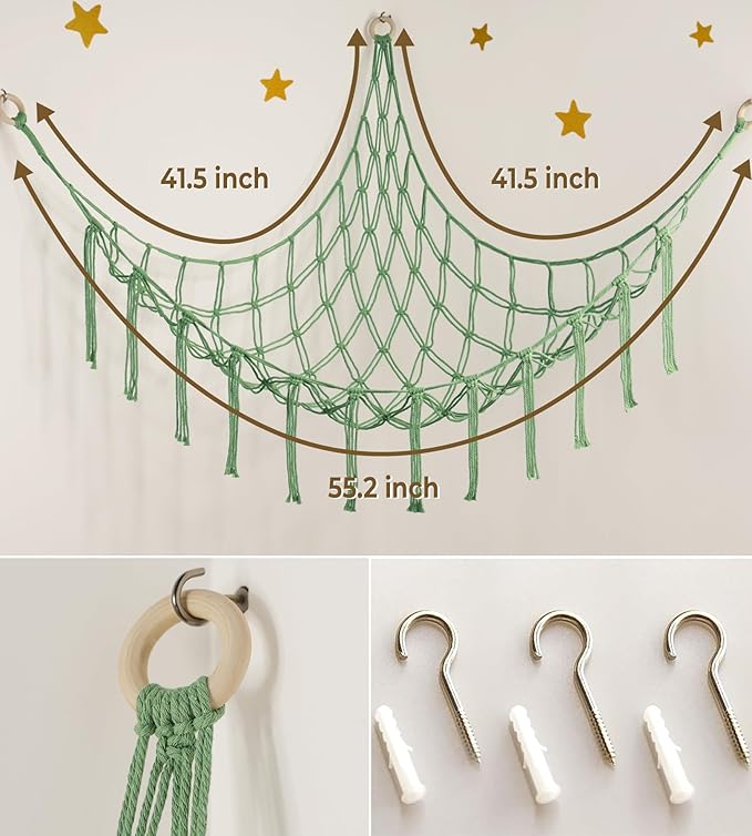 Stuffed Animal Hammock Corner Net for Toys Storage Hanging Stuff Animal Organizer Holder Matcha Green Room Bedroom Nursery Decor Organization