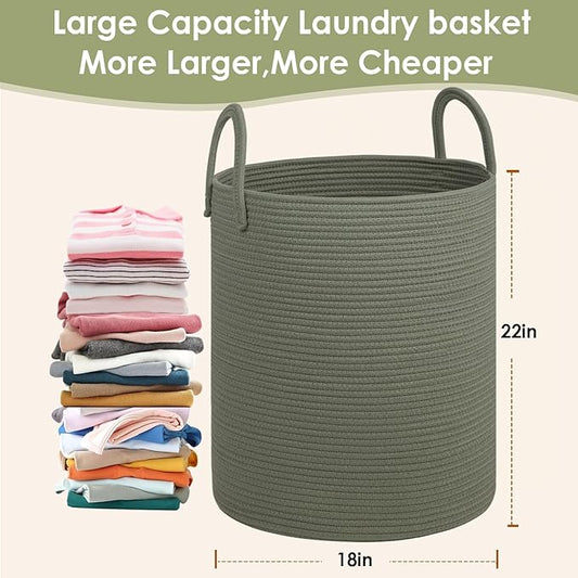 Laundry Basket,18x18X22 Cotton Rope Storage Basket with Handles,Kids Girl Baby Laundry Hamper,Dirty Clothes Hamper,Blanket Basket for Living Room,Nursery Hamper,Room Decor,Green