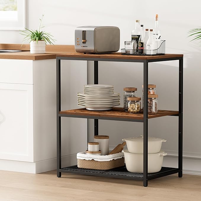 Kitchen Island with 3 Shelves, Kitchen Shelf with Large Workstation, Bakers Rack, Workbench, Metal Frame, Rustic Brown and Black