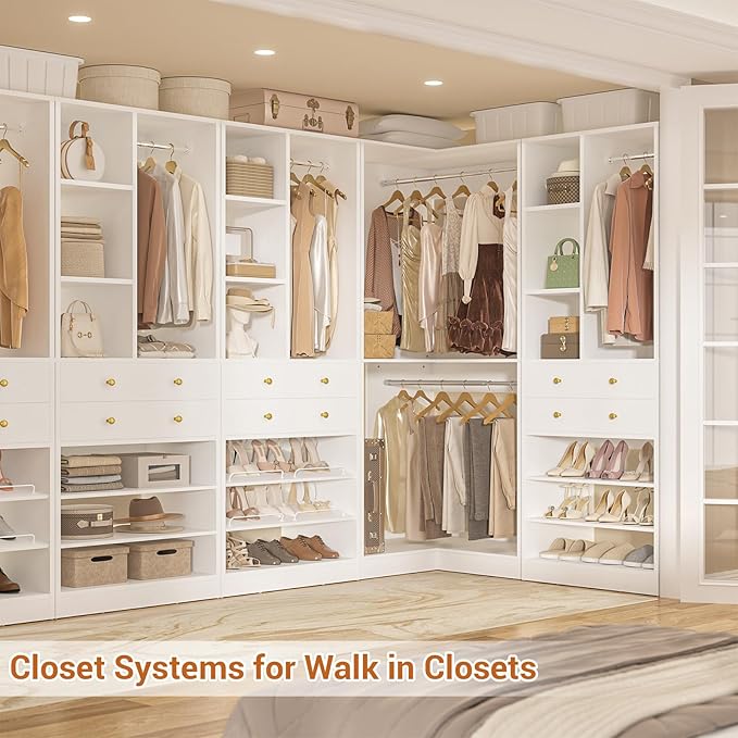 Closet System with 4 Drawers and Hanging Rods, 59.5"L / 87"L Closet Organizer System with Corner Tower, L Shaped Walk-in Closet System, Corner Closet System with Shelves, Set of 3, White