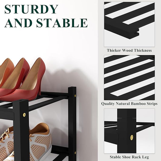 Smiry Bamboo Shoe Rack for Closet, 5 Tier Small Wooden Stackable Shoe Organizer, Free Standing Shoes Storage Shelf for Entryway, Front Door Entrance, Black