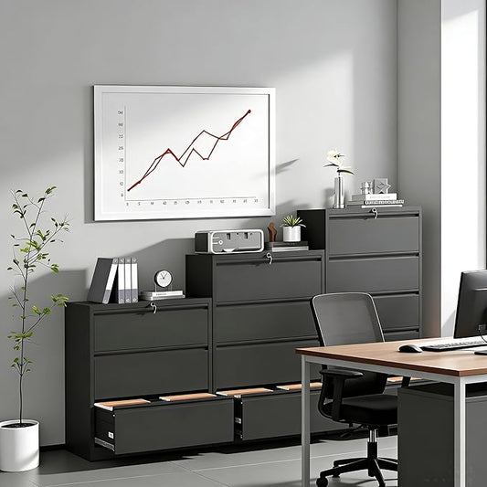 3 Drawer Lateral File Cabinet with Lock, Metal Lateral Filing Cabinet for Home Office, Steel Wide Horizontal Filing Cabinets for Letter/Legal/A4/F4 Hanging Files (Black)