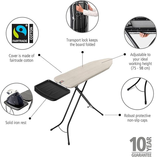 Brabantia Size B Ironing Board (49x15 in) 7 Height Options, Solid Steam Unit Rest Holder (Denim Gray) Non-Slip Feet, Anti-Collapse Child Locks