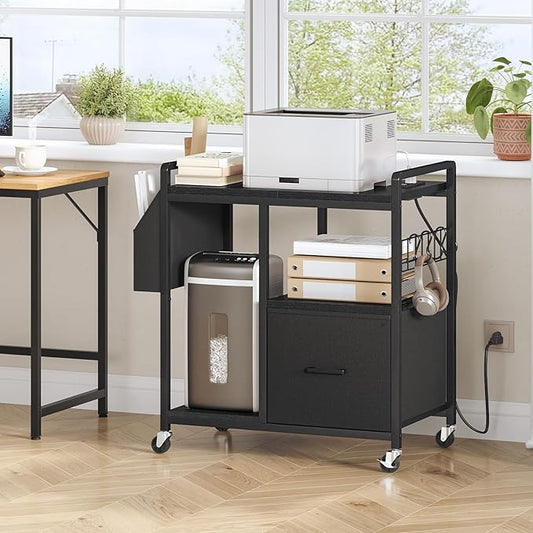 HOOBRO Printer Stand with Charging Station, Printer Shredder Stand with Wheels and File Drawer, Industrial Printer Cart, Mobile Table with Fabric Storage Pouch, for Home Office, Black BB09UPS01