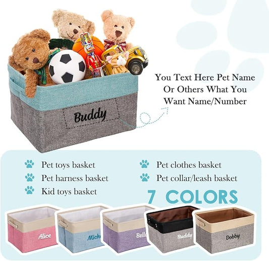 Ulico Personalized Dog Toy Storage Basket, Collapsible Pet Storage Organizer Box with Handles, Custom Dog Toy Bin with Pet's Name Cat Toy Storage Gift for Dog Lovers(Grey Blue)