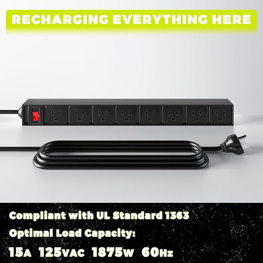 KAFAHOM Power Tool Organizer with Charging Station, Built in 8 Outlet Power Strip,Large 8 Drill Holder Wall Mount, Heavy Duty Metal Power Tool Storage Rack Tool Shelf for Garage Organization Black