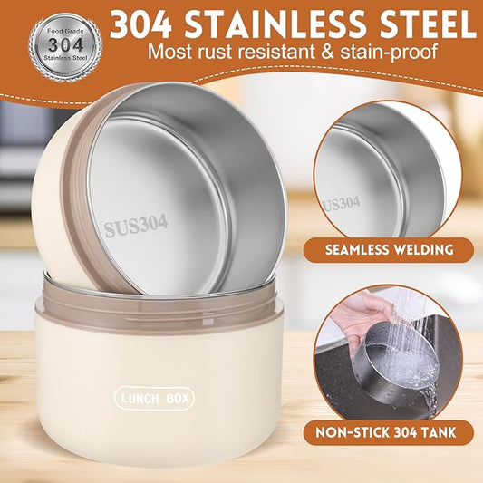 Dandat 3 Pcs Portable Insulated Lunch Container Set for Adult, Stackable Stainless Steel Bento Box for Hot Food with Insulated Lunch Bag Unisex 3 Separate Thermal Food Container(Beige)
