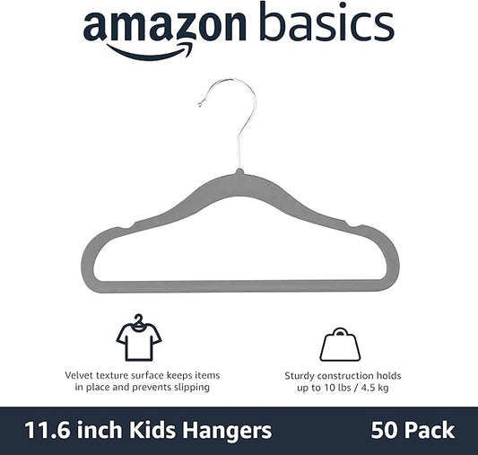 Amazon Basics Kids Velvet, Non-Slip Clothes Hangers for Infant and Toddler, 11.6 inches (for Baby Clothes), Gray (Pack of 4)