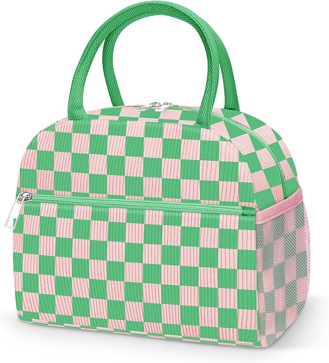 DALINDA Insulated Lunch Bag Lunch Box for Women Men, Corduroy Cute Lunch Bags,Water-Resistant Cooler Lunch Tote Bag, Reusable LunchBox Large Capacity for Work Travel Picnic Pink Green