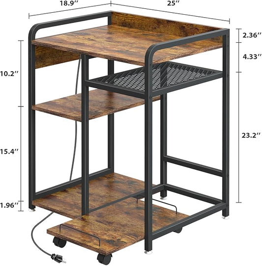 Livofloral Large Printer Stand for Home Office, 23.6 x 18.9 Inch Printer Stand with Power Outlet USB Port, Printer Table with Storage Shelf, Printer Shredder Stand with Wheels, Rustic Brown