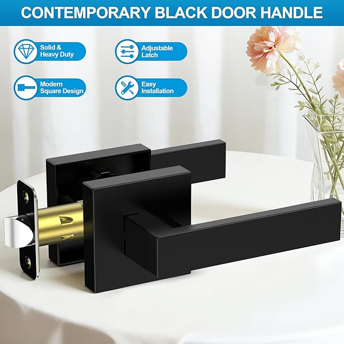 3 Pack Matte Black Door Handles, Passage Door Levers for Hallway & Closet, Interior Keyless Door Knobs Heavy Duty Square Non-Locking Handlesets, Reversible for Left & Right Sided Doors