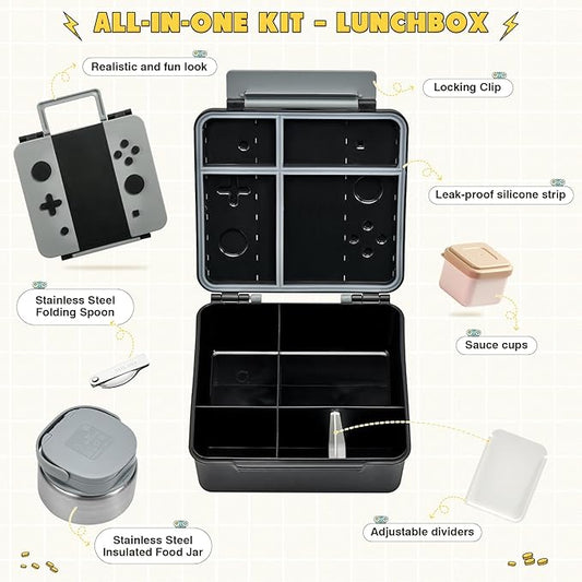 Game Bento Box for Kids, Lunch Box with Thermo(9oz Food Jar), Folding Spoon, Removable Divider & Sauce Cup, Lunch Box Kids for School,Travel, BPA-Free & Realistic Shape(Grey)