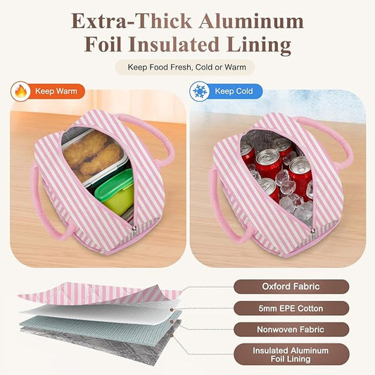 Lunch Box for Women Adult Men, Cute Insulated Lunch Bag Women Quilted Reusable Large Lunch Boxes Tote Bag Leakproof Simple Thermal Cooler Bag for Work Office Picnic