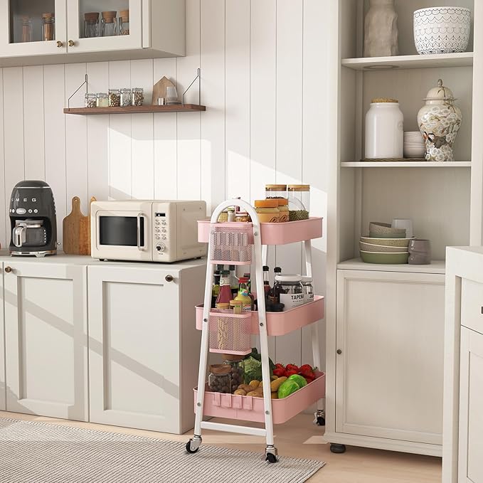 Sekey 3 Tier Rolling Cart, Hanging Cups, Hooks, Heavy Duty Mesh Rolling Storage Cart Organizer with 2 Lockable Wheels for Bathroom, Kitchen, Office, Craft, Makeup, Baby Essentials, Pink