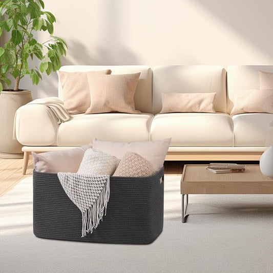 OIAHOMY Large Blanket Basket,Storage Basket with Handle, Blanket Basket for Living Room, Rectangle Woven Cotton Rope Basket for Bedroom, Toy Baskets Organizer Bins, 22" x 17" x 12" in, Dark Grey