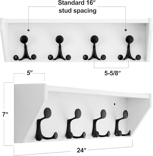 SKOLOO Wall Shelf with Hooks, 24-Inch White Coat Rack Wall Mount with Shelf Organizer - Heavy Duty, 4 Tri Hooks - Perfect for Entryway, Hallway, Living Room, Bedroom, Mudroom