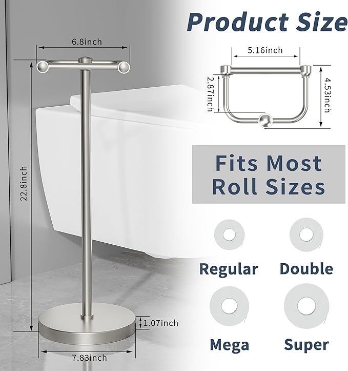 Toilet Paper Holder Stand, Post Pivoting Design Free Standing Toilet Paper Holder, SUS304 Stainless Steel Toilet Paper Roll Holder, Heavy Stable Base (Brushed Nickel)