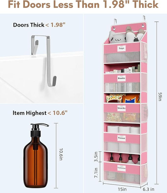 Over The Door Organizer Hanging, 2 Pack 5 Shelf Behind The Doors Storage, Pantry Door Organizer, Closet Organizers for Bedroom and Nursery (Pink)