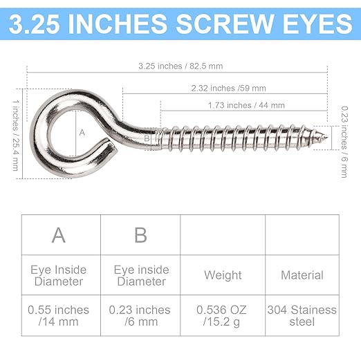 Aovchei Eye Screws, 8Pcs 3.25 inches 304 Heavy Duty Stainless Steel Screw Hooks, Rust-Resistant Self Tapping Eyelet Bolts for Wood, Securing Cables Wires, Indoor & Outdoor for Hanging Artwork