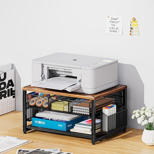 Marbrasse Wood Printer Stand for Desk, 2-Tier Desktop Printer Table for Home Office, Printer Stand with Storage Drawer 2 Pen Holders, Multi-Purpose Desk Organizer for Fax Machine Scanner(Wood Brown)
